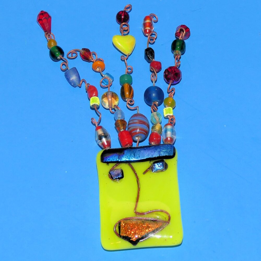Vintage Artist Signed Glass Mask Brooch Pin Face Wire Beads Handmade Artisan